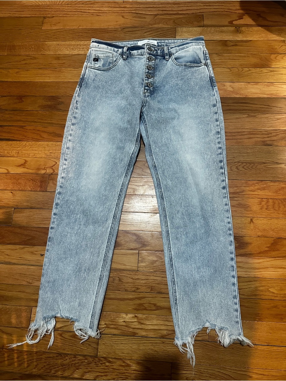 Kancan High Rise‎ Jeans Straight Leg Light Wash Button Fly Raw Hem Stretch 11/29